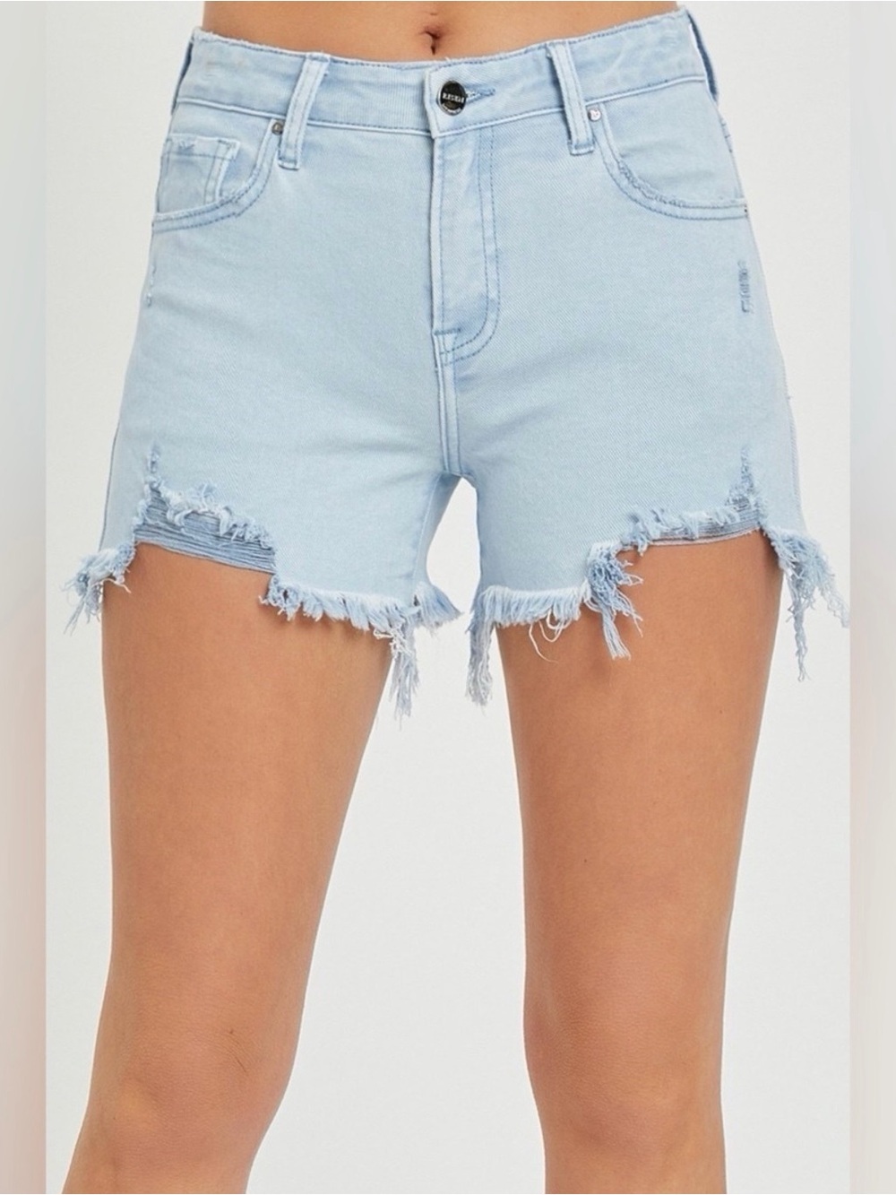 Risen Ice Blue Frayed Hem Denim Women's Shorts